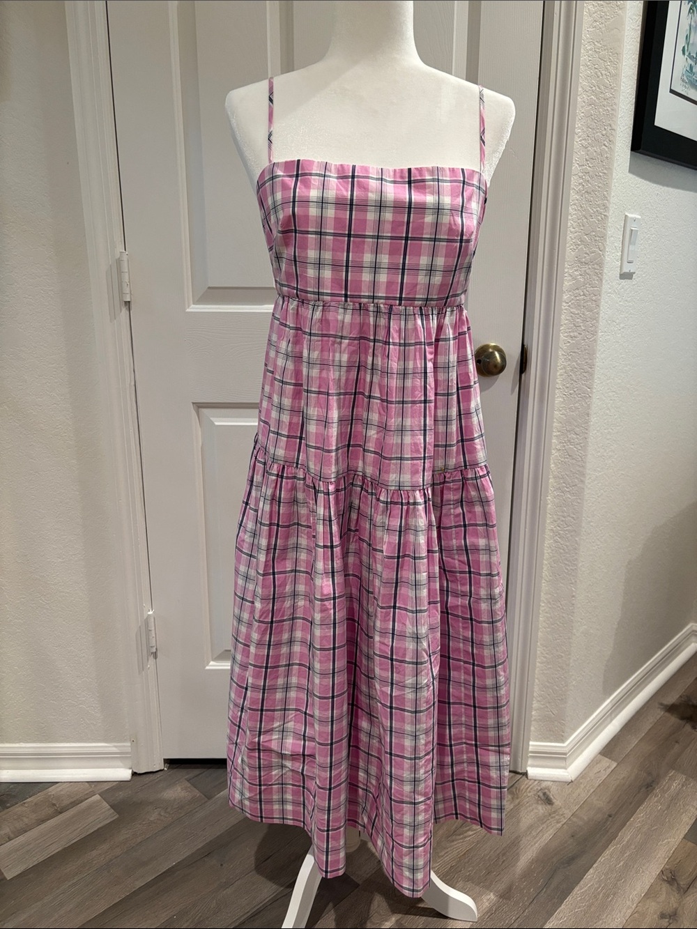 Woman’s Pink & Black Plaid Tiered Spaghetti-Strap Dress